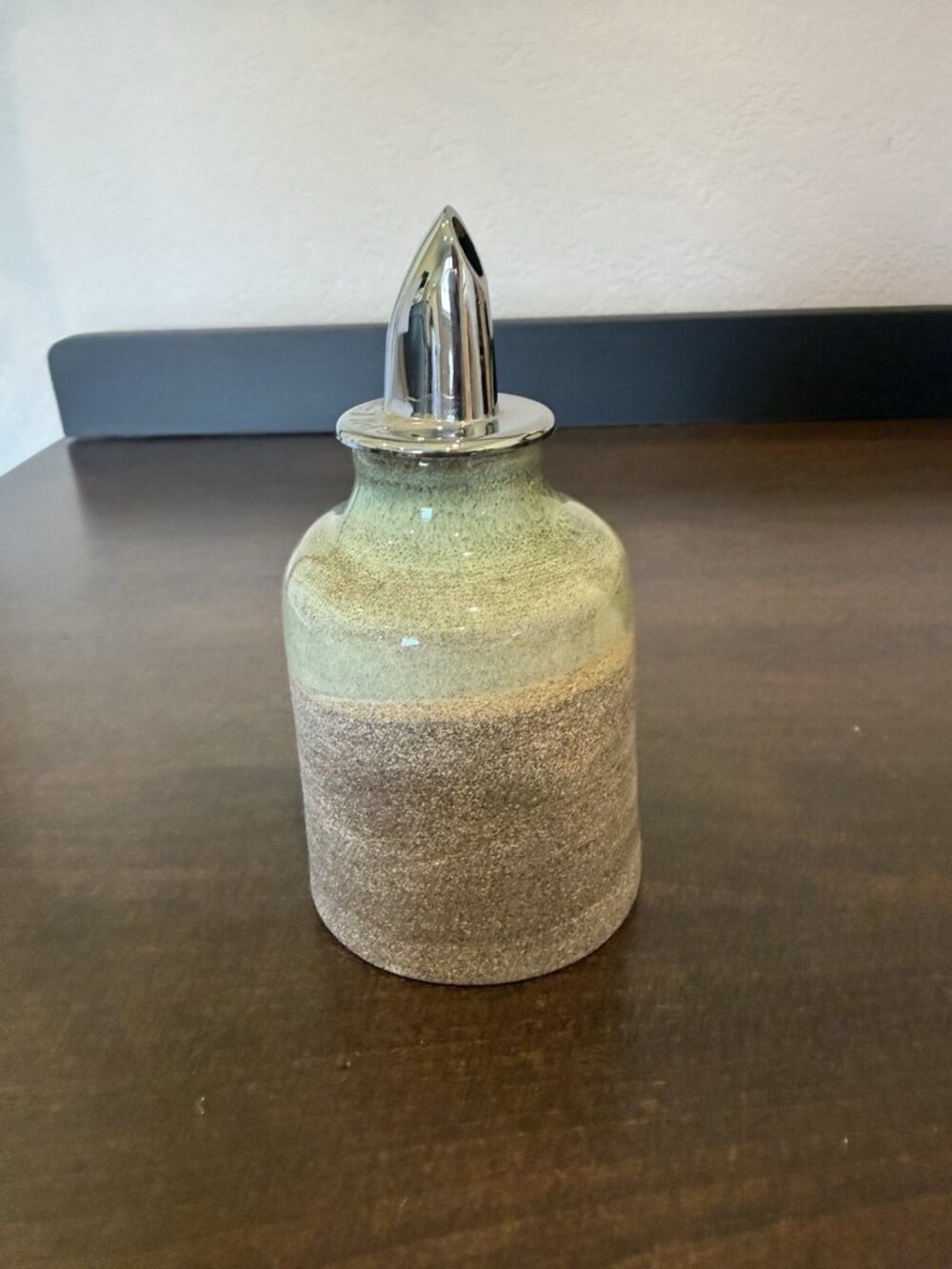 Vintage Artisan Made Pottery Green Oil Cruet Studio Pottery Signed